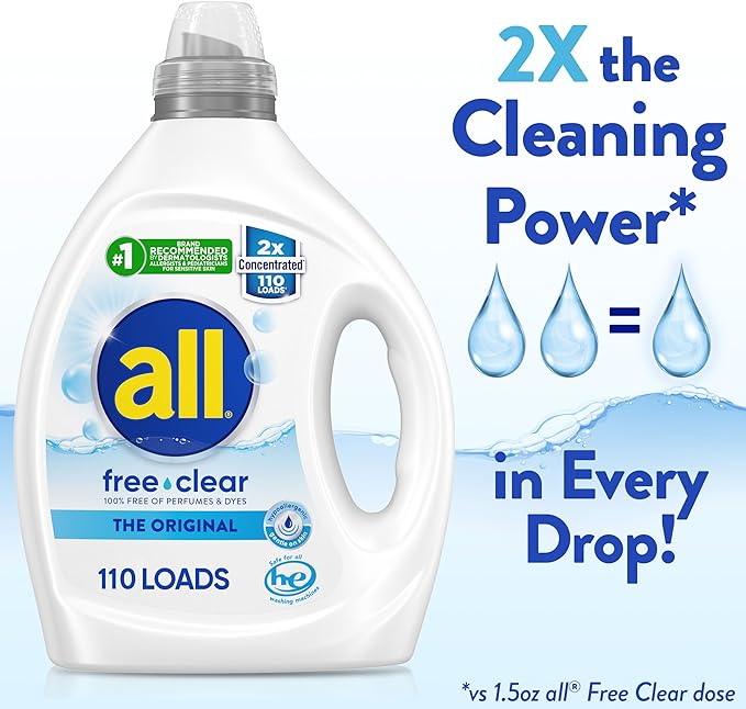 all free clear, Original, Liquid Laundry Detergent for Sensitive Skin, Unscented and Hypoallergenic, Concentrated, 82.5oz, 110 Loads