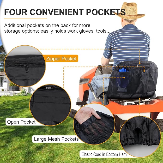 Lawn Tractor Seat Cover with Pocket, Compatible with John Deere, Cub Cadet, Craftsman, Kubota, Husqvarna, Fit for Seat Back Heights of 12.5-14 Inches -Yellow