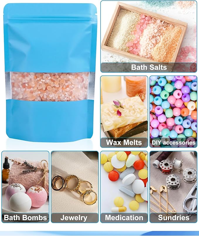 FireKylin 100 Pack Smell Proof Bags 7.1" x 10.2", Resealable Bags with Matte Window, Foil Pouch Stand Up Sealable Bags for Packaging（Blue）