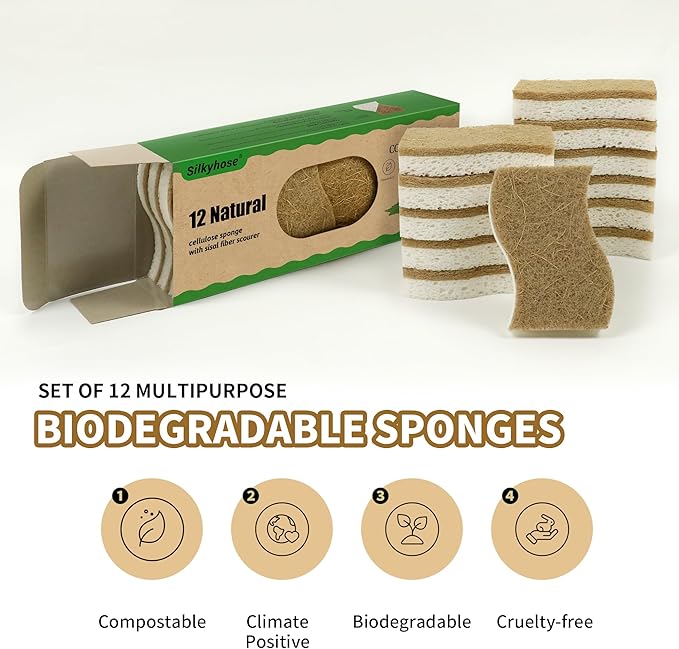 Biodegradable Natural Kitchen Sponge, Compostable Cellulose and Coconut Scrubber Eco-Friendly Dishwashing Sponge, 12 Pack Household Cleaning Foam for Dishes