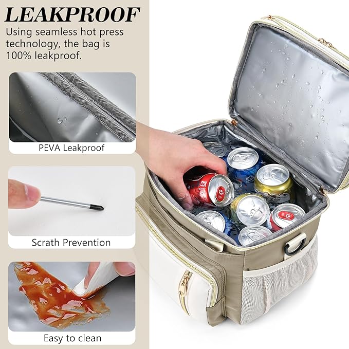 LOKASS Expandable Lunch Box for Women | Adult Lunchbag Cooler Tote Bag with Adjustable Shoulder Strap | Insulated Reusable Womens Lunch Bags for Work Camping Beach | 16L, Beige