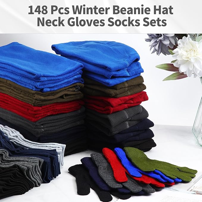 Liitrsh 148 Pcs Bulk Winter Fleece Hats Gloves Scarf Sock Sets for Men Women, Beanies for Homeless Donation Charity Bundle