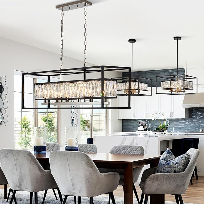 35 Inch Crystal Chandelier for Dining Room Modern Rectangular Chandeliers Over Table 6 Lights Rectangle Ceiling Pendant Lighting for Kitchen Island