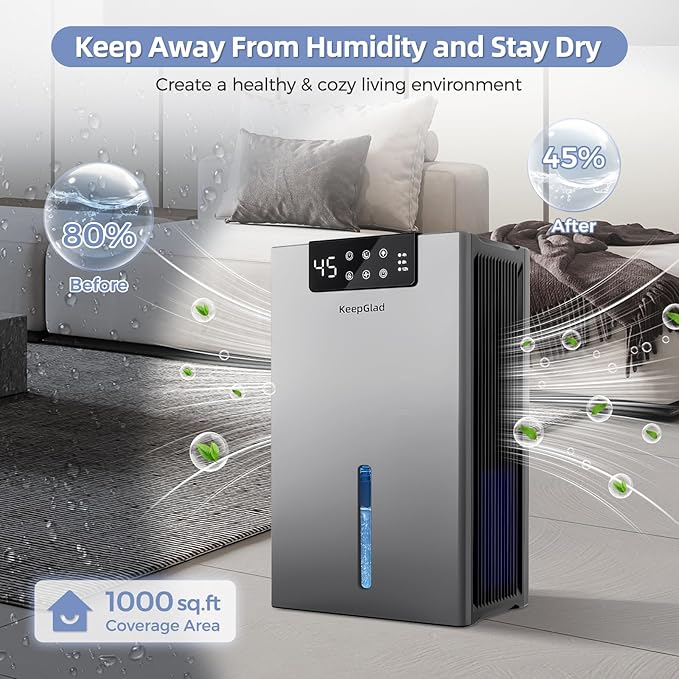 Dehumidifier, Dehumidifiers for Home(1000sq.ft), 98 OZ Water Tank, Dehumidifier Washable Air Filter, Dehumidifiers for Basement Bedroom Bathroom, Auto Shut Off, Timer Setting, 7 Colors Light, Gray