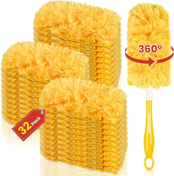 Dusters Refill Compatible with Swiffer Dusters for Cleaning, Feather & Microfiber 360 Heavy Duty Duster Refills for Dusting Furniture, Blinds, Ceiling Fans, Helps Remove Allergens,32 Count+1 Handle