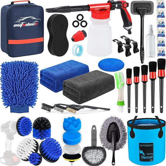 AUTODECO 38Pcs Car Wash Detailing Kit Cleaning Kits with Foam Gun Sprayer Collapsible Bucket Drill Brush Large Wash Mitt Towels Complete Interior Exterior Car Washing Supply Set Blue