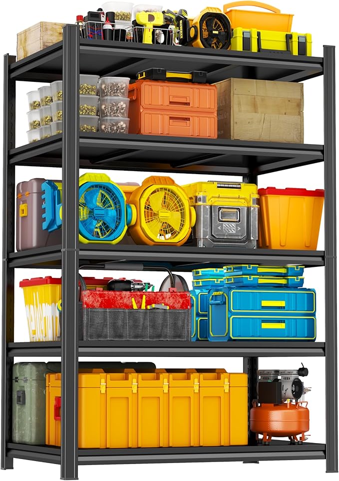 5-Tier Garage Shelving, Heavy Duty Garage Storage Shelves, 2500LBS Industrial Metal Shelving Unit, Adjustable Steel Utility Shelf, Use for Basement, Warehouse, Pantry Closet, Workshop, Black