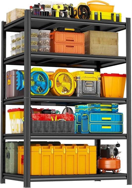 5-Tier Garage Shelving, Heavy Duty Garage Storage Shelves, 2500LBS Industrial Metal Shelving Unit, Adjustable Steel Utility Shelf, Use for Basement, Warehouse, Pantry Closet, Workshop, Black