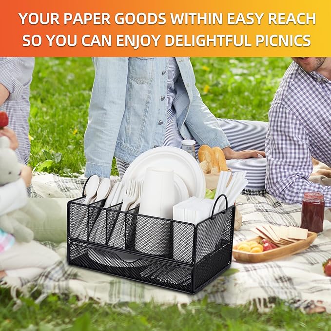 Paper Plate Organizer for Countertop, Paper Plate Dispenser with Drawer and 6 Compartments, Utensil silverware Caddy Holder, Black Cutlery Flatware Organizer with Non-slip mat