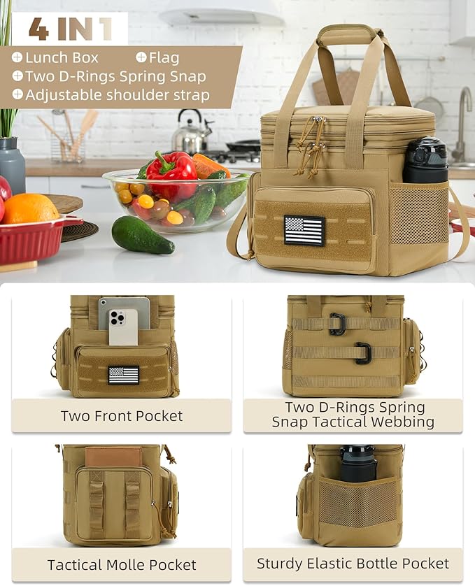 Tactical Lunch Bag & Lunch Box for Men - Large Double Deck Expandable Insulated Soft Adult Lunchbox for Work - Cooler Bag for Beach, Picnic, Camping,Outdoor，Travel (Brown,16L)