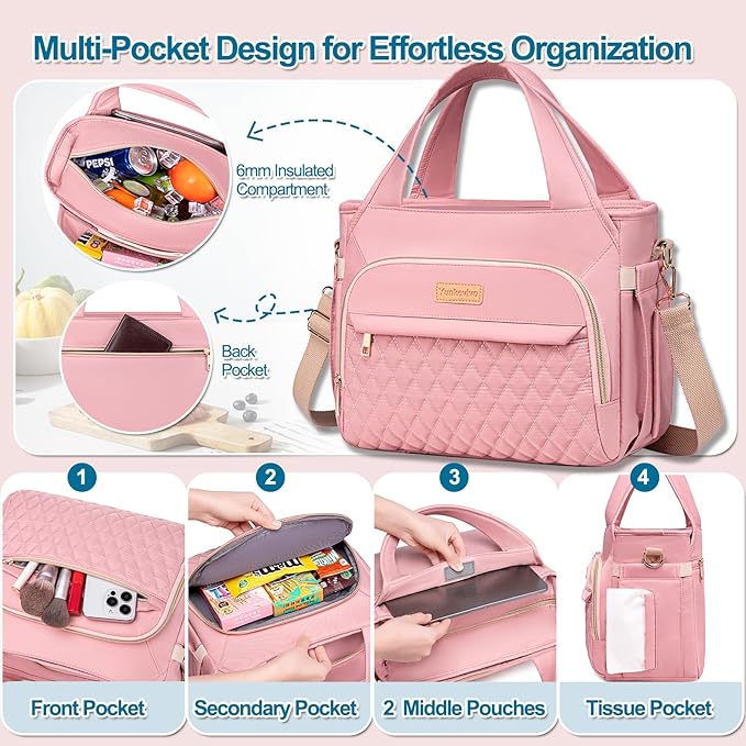 Lunch Bag Lunch Box Women - Insulated Lunch Tote Bag for Women Men, Leakproof Large Womens Lunch Bags for Work, Lunch Cooler Bag for Adult with Side Pocket for Picnic, Hiking, Beach (Pink)