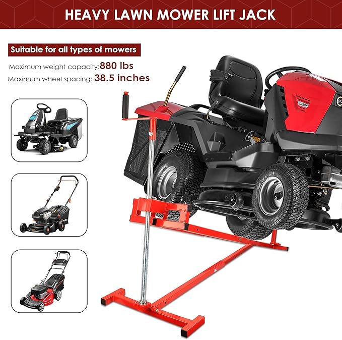 Lawn Mower Lift Jack, Riding Mower Lift for Lawn Mowers and Garden Tractors, Lawn Mower Load Capacity 880 Lbs, Wheel Width Limit 38in, Red