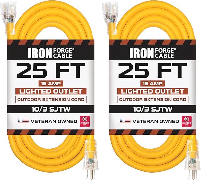 Iron Forge Cable Outdoor Extension Cord 25 Ft, 2 Pack - 10 Gauge Heavy Duty Extension Cord, 15 AMP, 10/3 Yellow Cable SJTW Weatherproof with 3 Prong