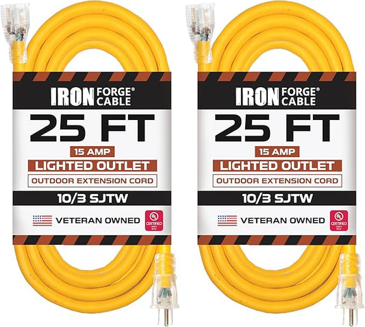 Iron Forge Cable Outdoor Extension Cord 25 Ft, 2 Pack - 10 Gauge Heavy Duty Extension Cord, 15 AMP, 10/3 Yellow Cable SJTW Weatherproof with 3 Prong