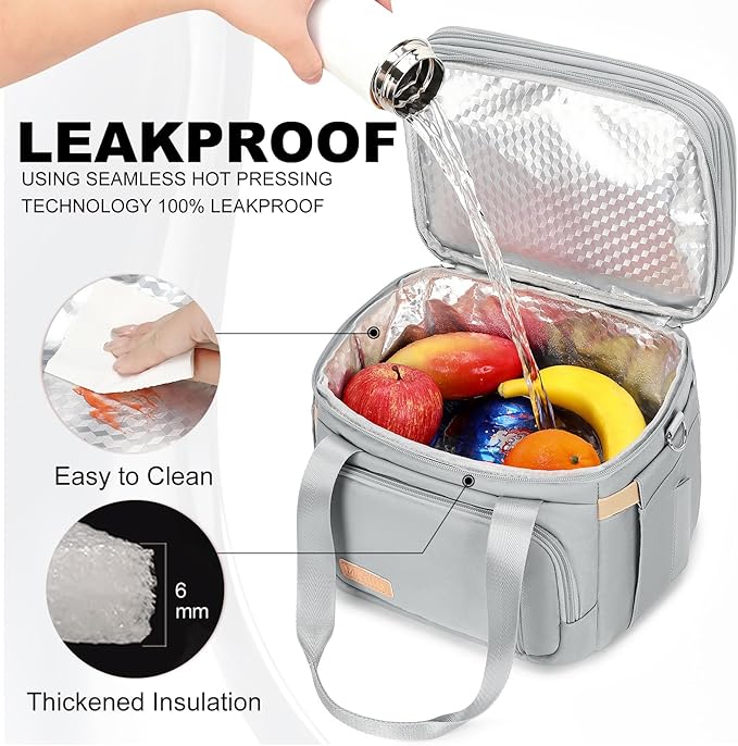 Lunch Box for Men Women - Double Deck Insulated Lunch Bag, Large Leak Proof Tote Cooler, Wide Open Dual Compartment Lunch Bags with Shoulder Strap, For Work Picnic Hiking Beach, Grey
