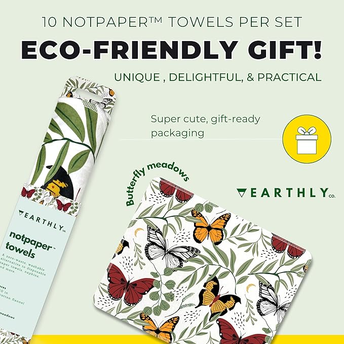 Reusable Paper Towels - 10 Pack - Roll of Washable Cotton Cloth Paper Towels - Paperless Reusable Napkins Cloth Washable - Absorbent + Long Lasting - Zero Waste Products - Butterfly