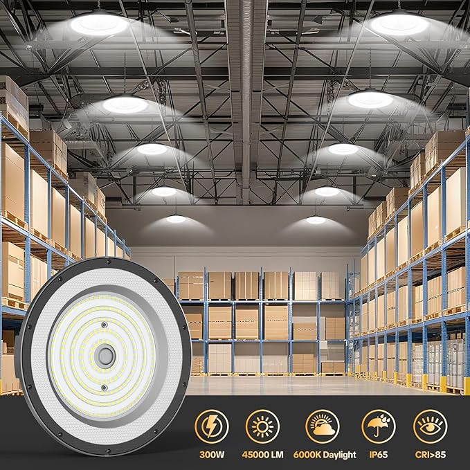 AIKVSXER 300W LED High Bay Light 30000LM UFO Shop Light 6000K Daylight Commercial Bay Lighting IP65 Waterproof for Warehouse Garage Barn Factory Workshop 5FT Cord with US Plug 18 Pack