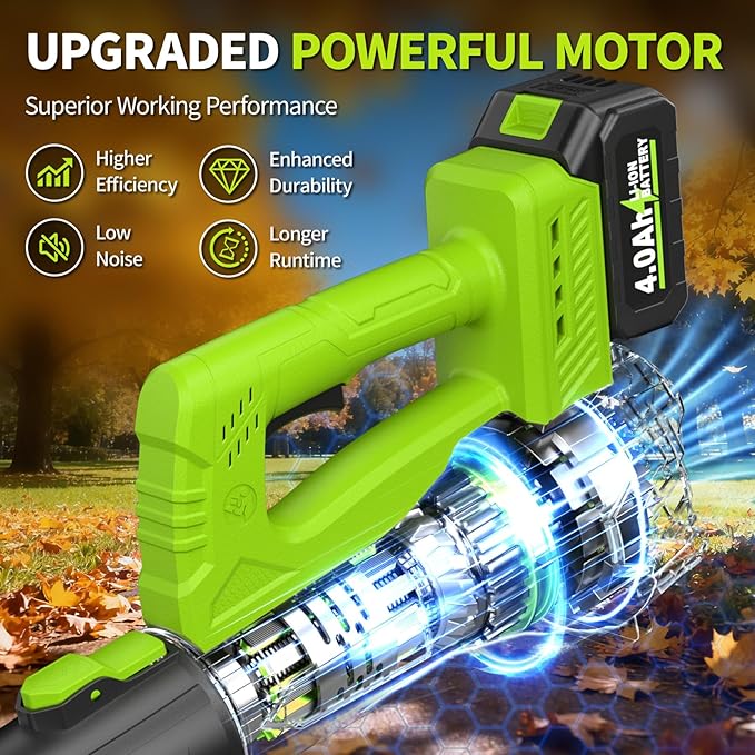 Leaf Blower Cordless, 21V Electric Leaf Blower with 2 x 4.0Ah Battery and Charger, 650 CFM & 280 MPH Powerful Leaf Blowers, Lightweight Small Leaf Blowers for Garden, Patio, Lawn Care (Green)