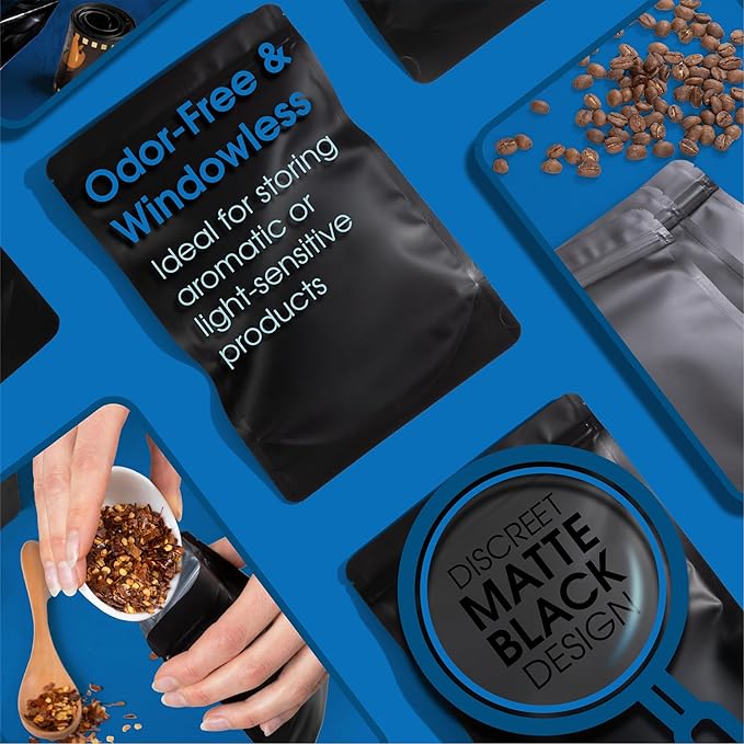 Spartan Industrial 7" X 10" Matte Black Stand-Up Pouches - 100 Count Smell-Proof Mylar Bags for Food Storage With Heat Sealable Opening and Resealable Zipper