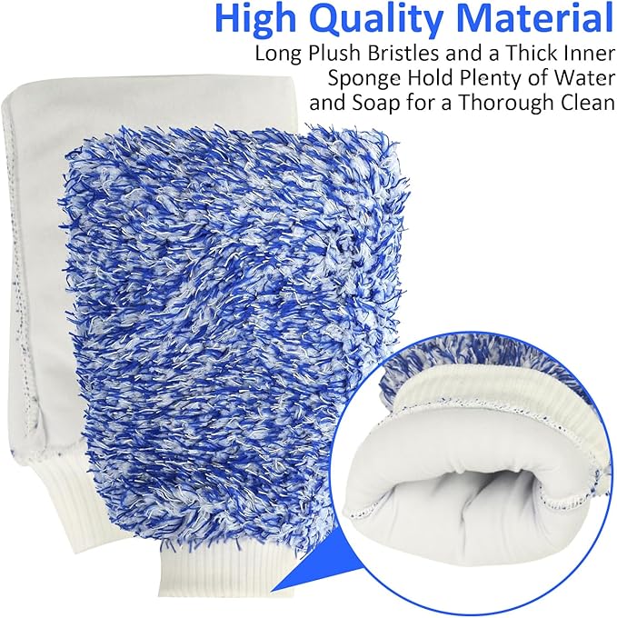 Microfiber Car Wash Mitt, Car Sponge Wrapped in Soft, Plush Fiber Cloth Material, Holds Tons of Sudsy Water for Effective Washing, Lint Free, Scratch Free, for Cars, Motorcycles (Blue 2 Pack)
