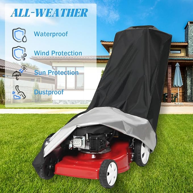 Outdoors Lawn Mower Cover - Heavy Duty 600D Polyester Oxford Waterproof, Dust UV Protection Universal Lawn Mower Cover with Drawstring & Cover Storage Bag (Black)