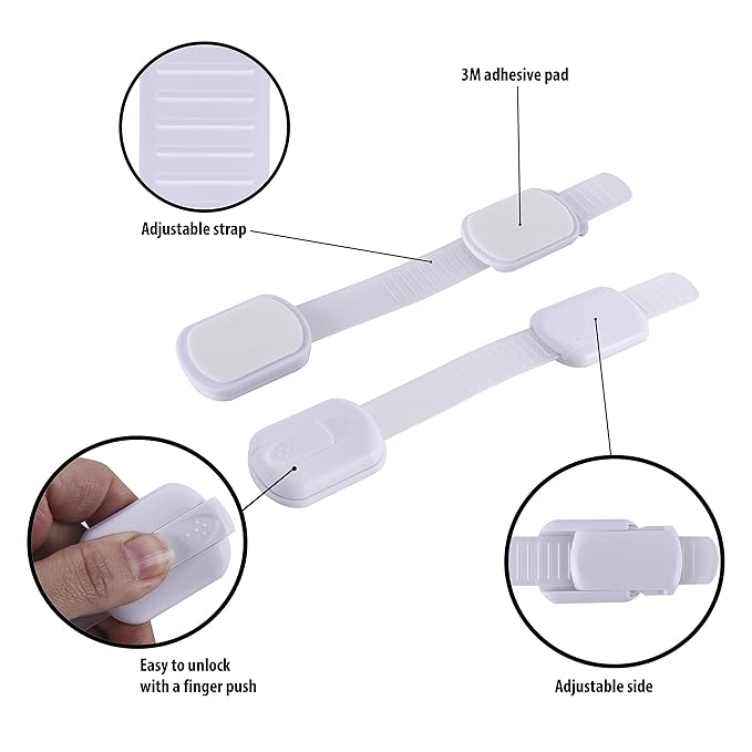 Child Safety Cabinet Locks (10 Pack) – Adjustable Baby Proofing Strap Latches with Strong 3M Adhesive – No Drill Childproof Locks for Drawers, Cabinets, Fridge, Door, Closet, Grey