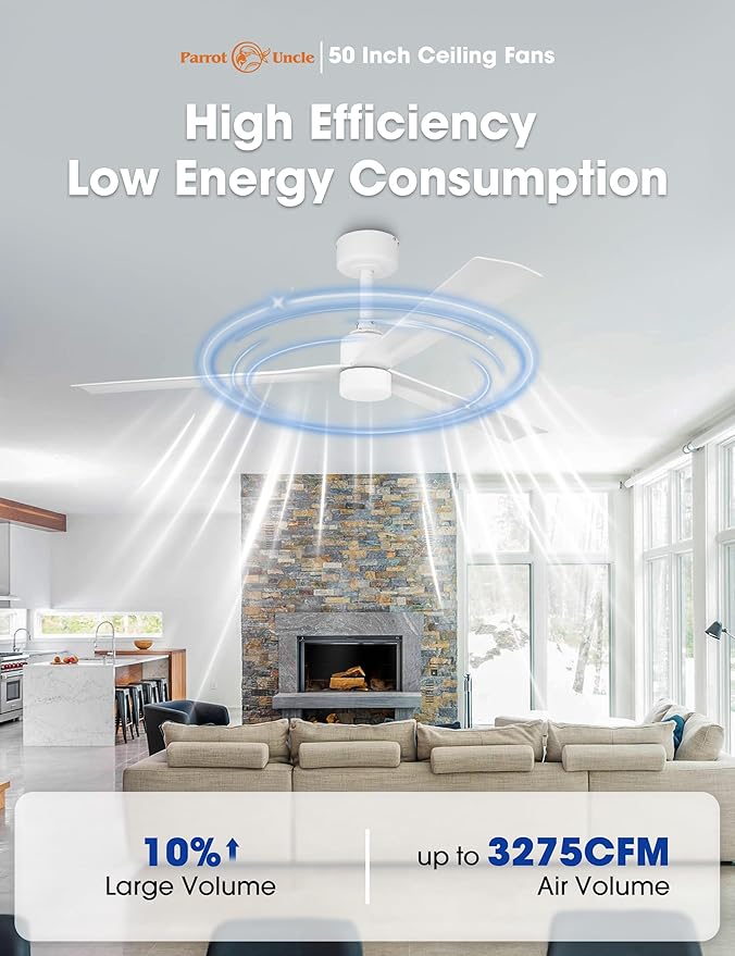 Parrot Uncle Ceiling Fans with Lights and Remote, 50 Inch White Ceiling Fan for Bedroom, Indoor Outdoor Ceiling Fans for Patios Living Room, Reversible DC Motor, 6 Speeds, Timer, Dimmable LED, ETL