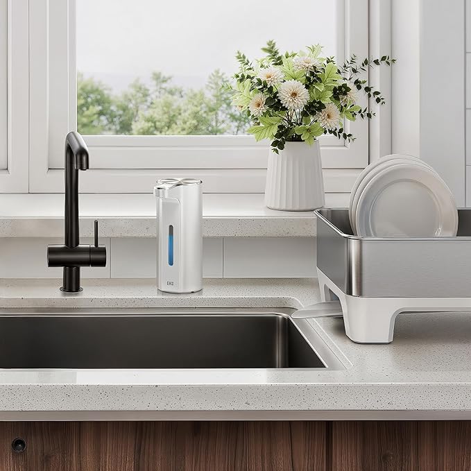 EKO Aroma Pro 13.5 fl oz Touchless Automatic Liquid Soap Dispenser, Rechargeable Electric Hand & Dish Soap Dispenser for Bathroom and Kitchen Sink, IPX7 Waterproof, Adjustable Volume Control (White)