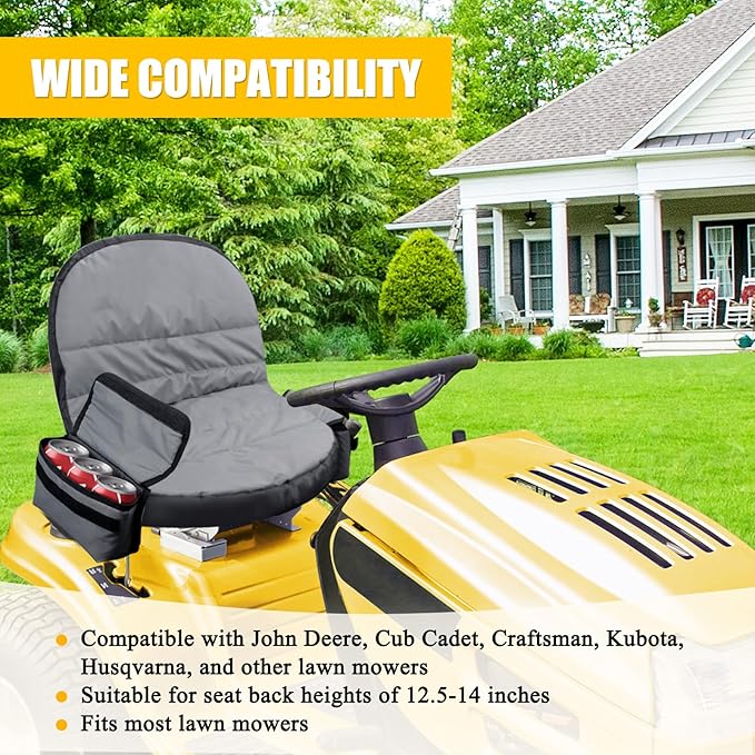 Lawn Tractor Seat Cover with Pocket, Compatible with John Deere, Cub Cadet, Craftsman, Kubota, Husqvarna, Fit for Seat Back Heights of 12.5-14 Inches