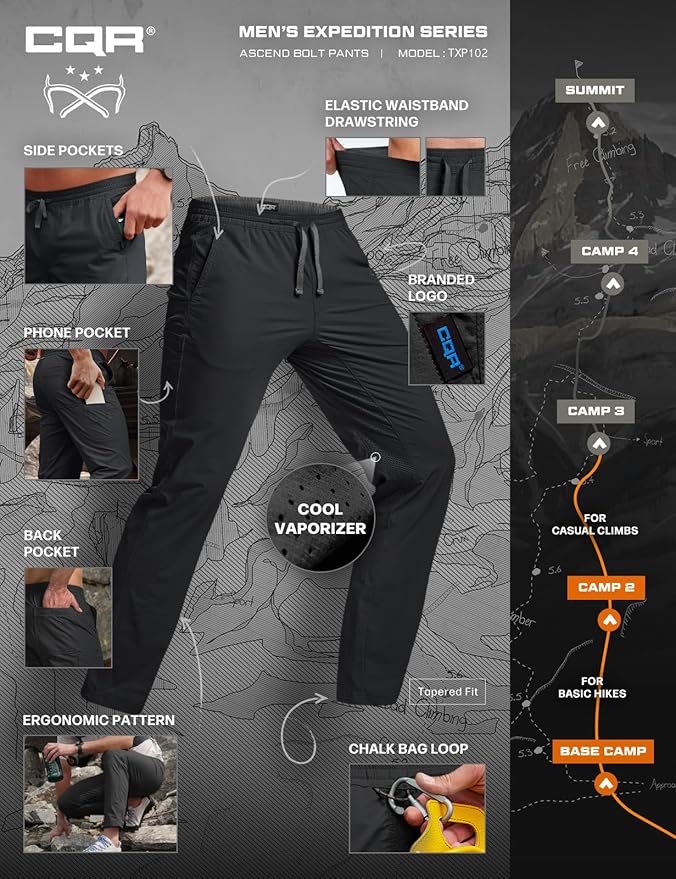 CQR Men's Lightweight Vent Hiking Pants, Water-Resistant & Breathable Sports Outdoor Athletic Pants with Elastic Waist