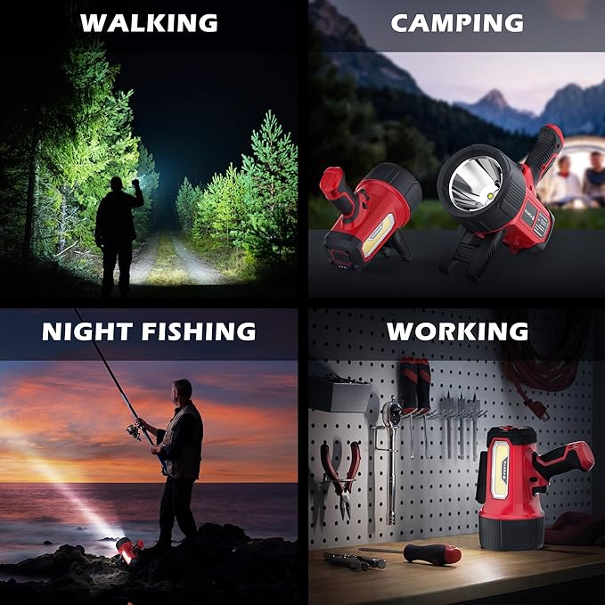 FORTO Rechargeable Spotlight Flashlight with 80000 Candela, 200000 Lumens Handheld Spotlight with Foldable Stand, 6 Modes IPX7 Waterproof LED Spot Lights for Boating Hunting Hiking (Red)