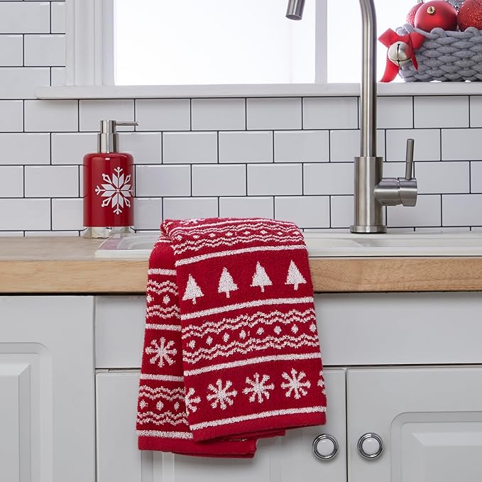 SKL Home Winter/Christmas Fair Isle Hand Towel 2pc Set for Bath/Kitchen/Bar & Gift, Red