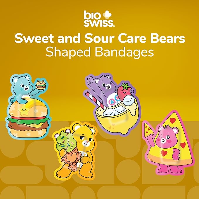 BioSwiss Care Bears Kids Bandages, Sweet and Sour Care Bear Shaped Self Adhesive Bandage Set, Latex Free, Sterile Wound Care, 50 Count