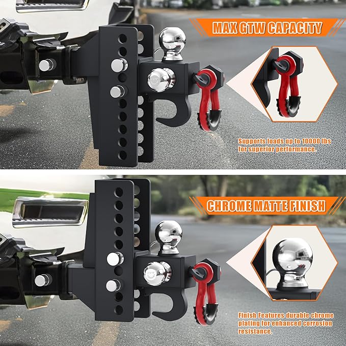 AC-DK Adjustable Heavy-Duty Trailer Hitch Tri-Ball Mount with Tow Hook & Swivel Shackle, Fits 2" Receiver, 4-1/2" Rise/Drop, Includes 1-7/8", 2", & 2-5/16" Balls, Secure Hitch with Locks & Pin