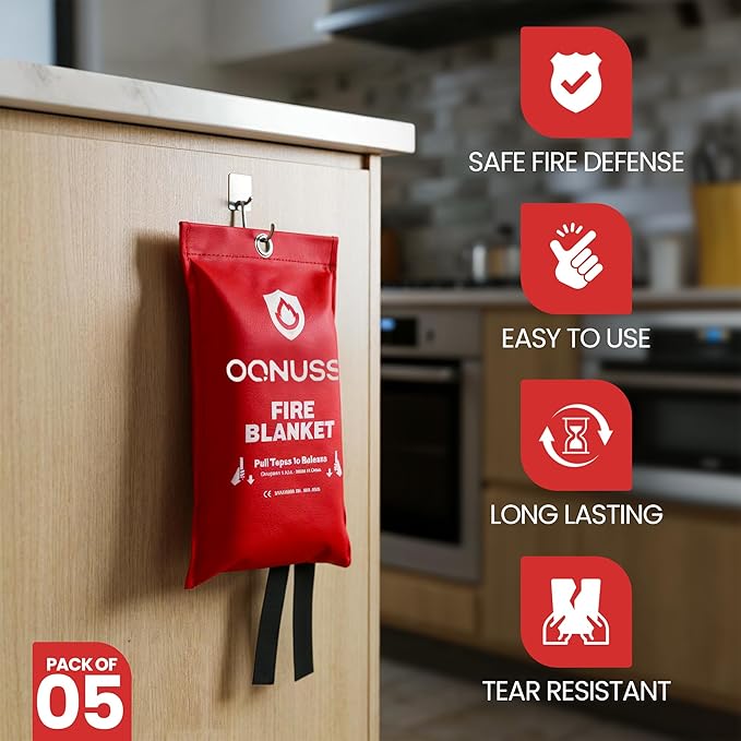 Emergency Fire Blanket 40x40 Inch - 5 Pack Fiberglass FireBlanket with Hook & Gloves | Fire Safety Blanket for Kitchen, Home, Garage, Camping