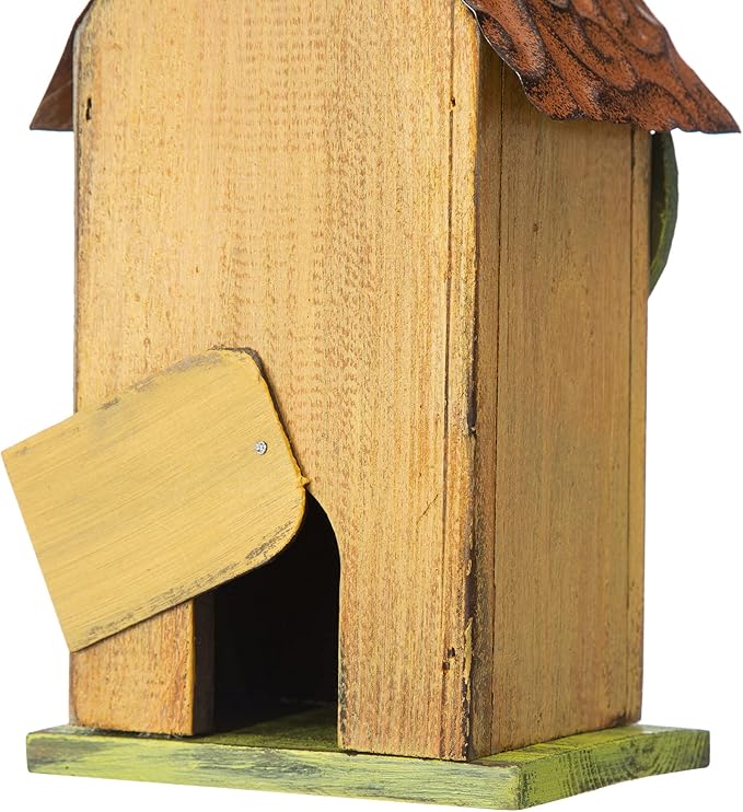 Glitzhome 9.7" H Hanging Birdhouse for Outdoor Patio Garden Decorative Pet Cottage Distressed Wooden Birdhouse, Leaves Rustic Yellow