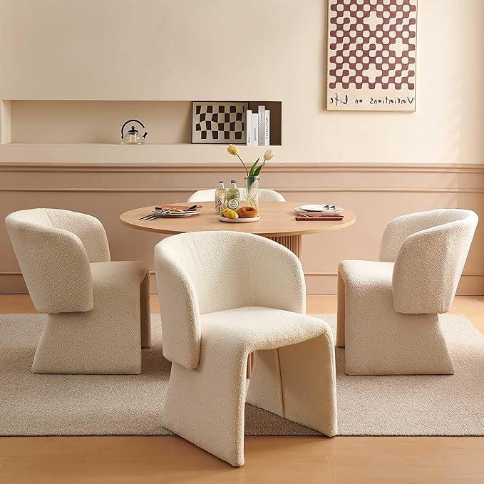 47-in Round Dining Table with 4 Chairs Set, Modern Kitchen Table with Two-Part Oak Wood Finish Tabletop and Wooden Strip Base, Fully Wrapped Teddy Velvet Barrel Dining Accent Chairs