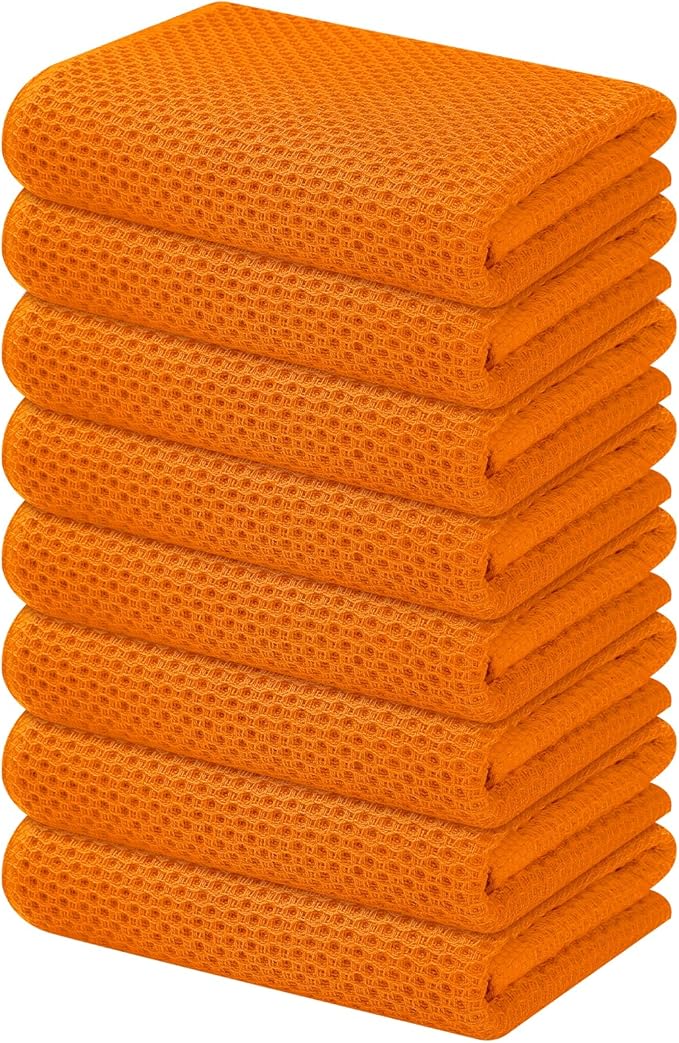 Kitinjoy 100% Cotton Waffle Weave Kitchen Towels, 8-Pack Super Soft and Absorbent Dish Towels for Drying Dishes, Kitchen Hand Towels, 13 in x 28 in, Orange