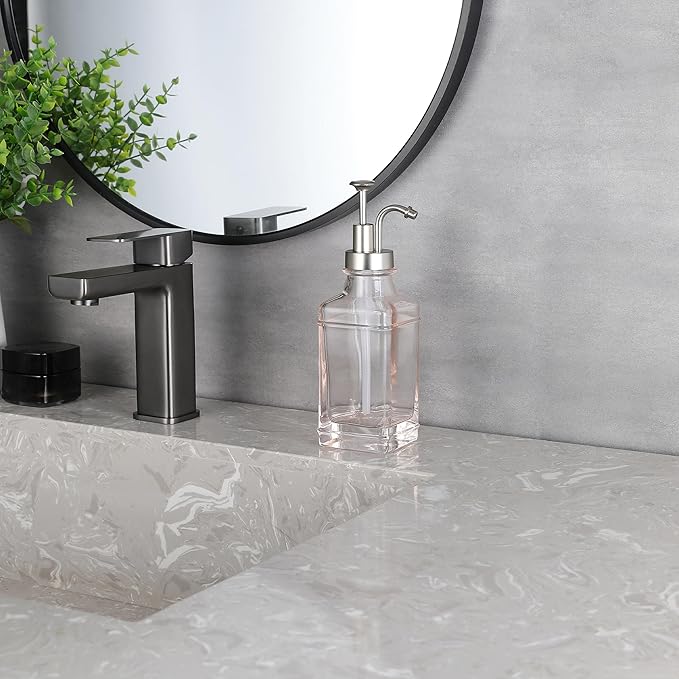 Pink, Blush Glass Soap Dispenser with Brushed Nickel Dispenser Pump, Modern Refillable Pump for Bathroom, Kitchen, or Office, Elegant Accent Piece for Interior Decoration