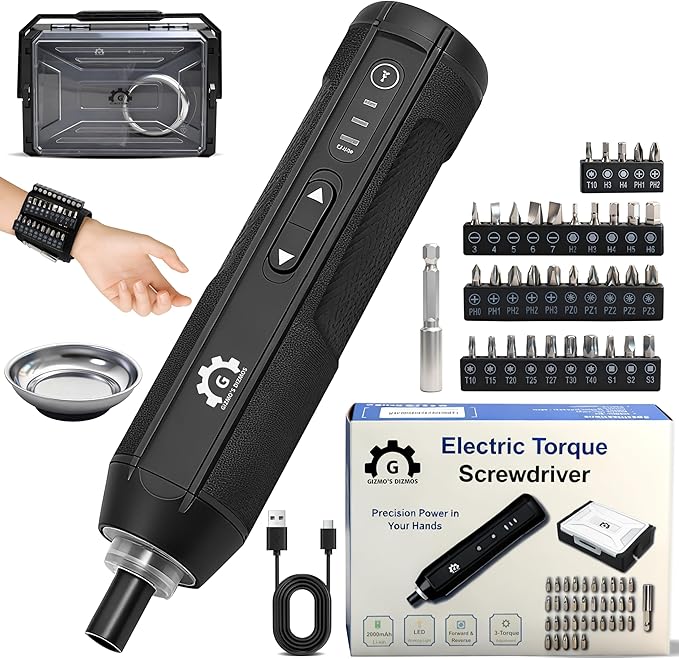 Electric Torque Screwdriver Set 4V with 3 Torque Settings 5.5Nm Max Electric and 8.5 Manual Torque LED Light, 2000mAh Battery, 35 Magnetic Bits, Extension Rod, Magnetic Wristband, Tray and Storage Box