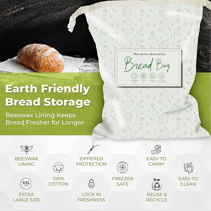 Reusable Beeswax Bread Bags for Homemade Sourdough – Organic Cotton Bread Storage, Keeps Loaves Fresh, Freezer Safe, Plastic-Free, Beeswax Wrap for Food Storage, 2 Pack XL Size