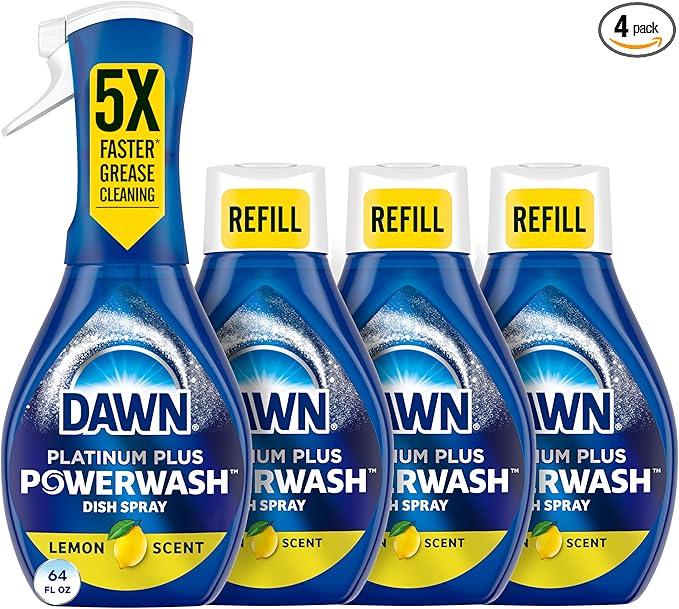 Dawn Powerwash Spray, Dish Soap, Dishwashing Liquid, Cleaning Supplies, Lemon, 1 Starter Kit + 3 Refills, 4 units of 16oz (64oz)