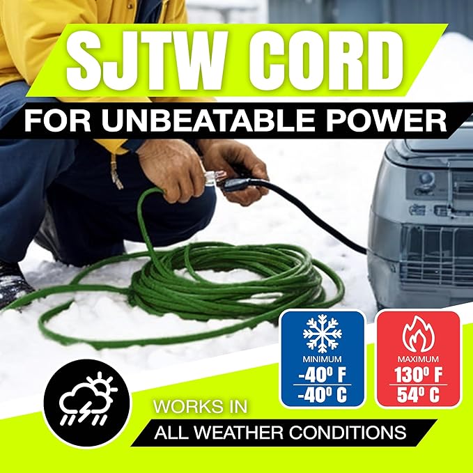 100ft Outdoor/Indoor Extension Cord 14/3 Gauge Heavy Duty 3 Prong SJTW, Waterproof, Flexible Cold-Resistant Long Power Cord,13A 125V 1625W, Green by LifeSupplyUSA