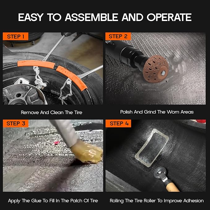 Air Tire Repair Polish Patch Tools - 2500RPM Low-Speed Buffer with Tungsten Carbide Wheel, Inner Liner Scraper & Patch Roller | Complete Polish & Patch Tool Set for Air Tires