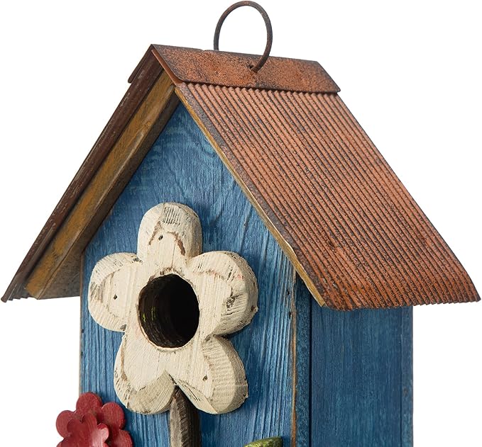 Glitzhome 10.2" H Hanging Bird House for Outdoor Patio Garden Decorative Birdhouse Pet Cottage Distressed Wooden Birdhouse, Flower Rustic Blue