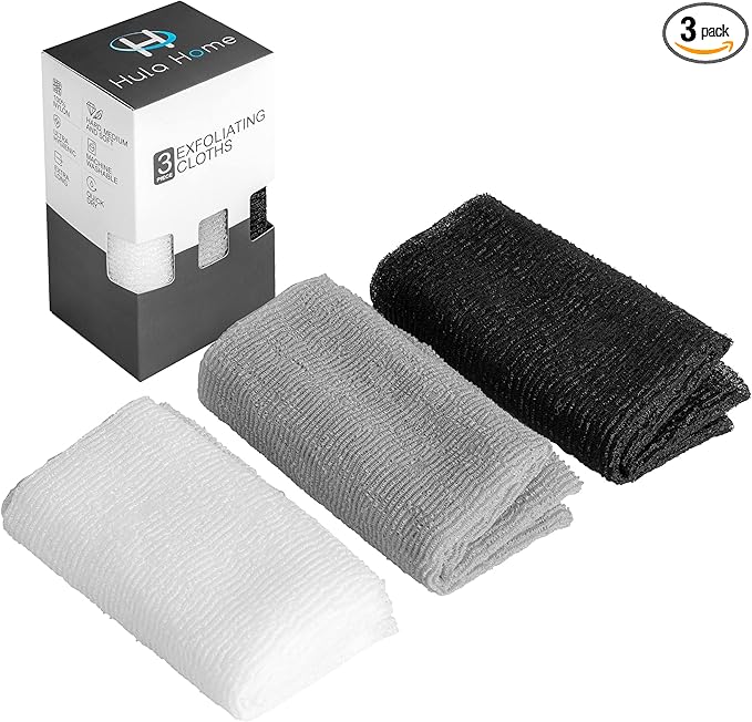 Hula Home Exfoliating Body Washcloth Variety Pack (3pc) - Soft, Medium & Hard - Nylon Body Scrub Cloth - Ideal Bath Shower Back Scrubber for Men & Women - Enhances Skin Beauty