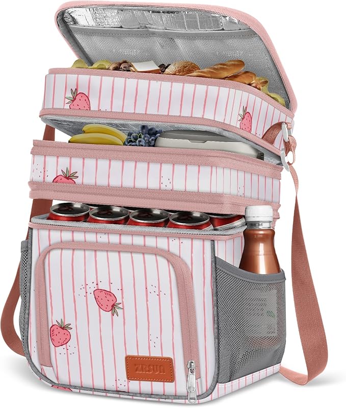 Insulated Lunch Bag for Women Men, Reusable 3 Layers Lunch Box Women, Expandable Reusable Water-resistant Lunch Box for Work Travel Office Picnic Hiking (Pink)