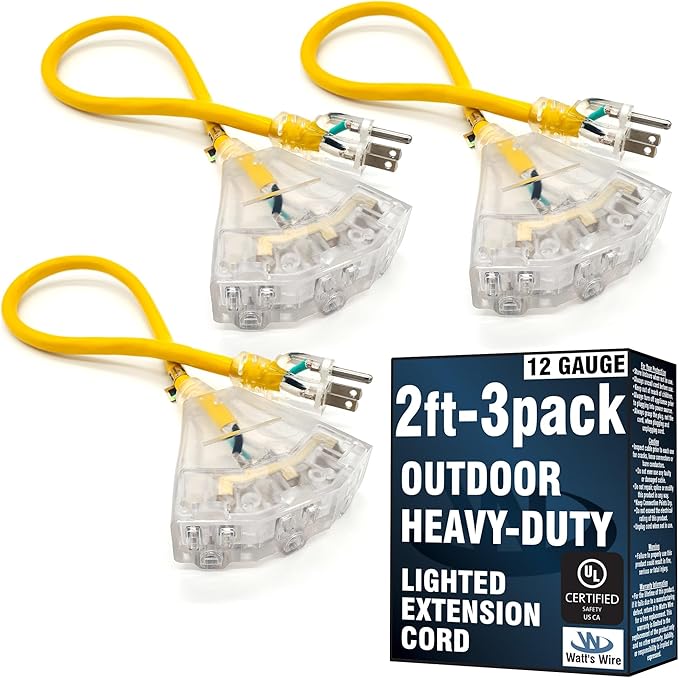 3 Pack - 2 ft Outdoor Extension Cord Waterproof - 12 Gauge Heavy Duty Extension Cord Splitter - Lighted Outdoor Extension Cords with Multiple Outlets - 2' Grounded - extensiones electricas