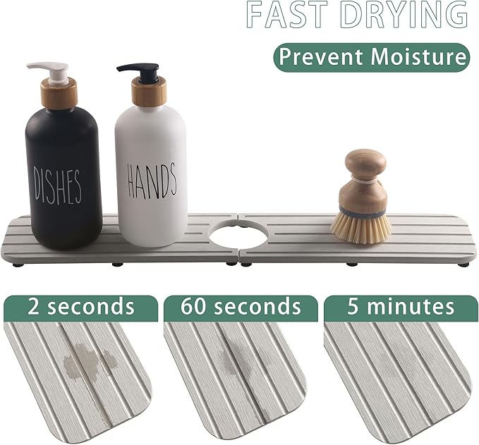 ZumenDa 20inch x 4inch Kitchen Sink Faucet Mat, Water Absorbing Stone Faucet Splash Guard for Bathroom Counter, Quick Drying Diatomite Tray for Kitchen Sink, Light Gray