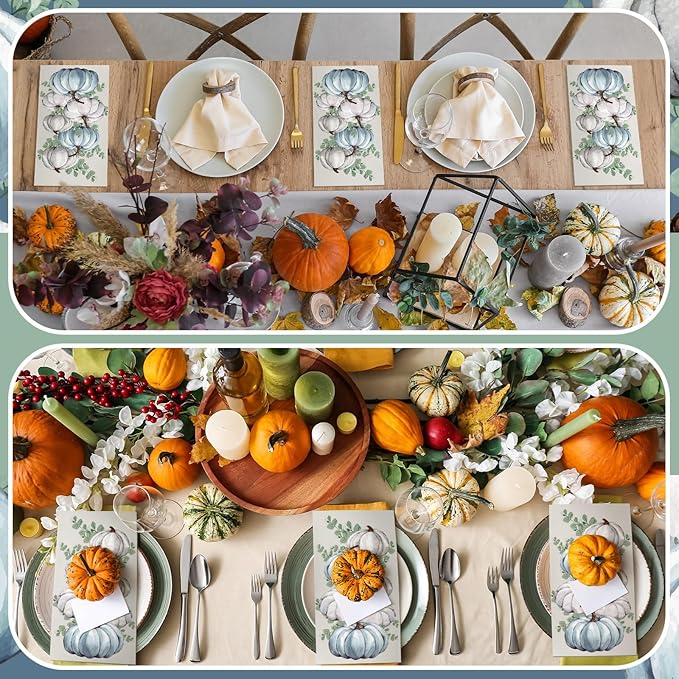 Jetec 200 Pcs Fall Napkins Thanksgiving Disposable Guests Paper Napkins White and Blue Pumpkin Disposable Hand Towels for Bathroom Thank You Gifts Decorative Napkins for Wedding Shower Birthday Party
